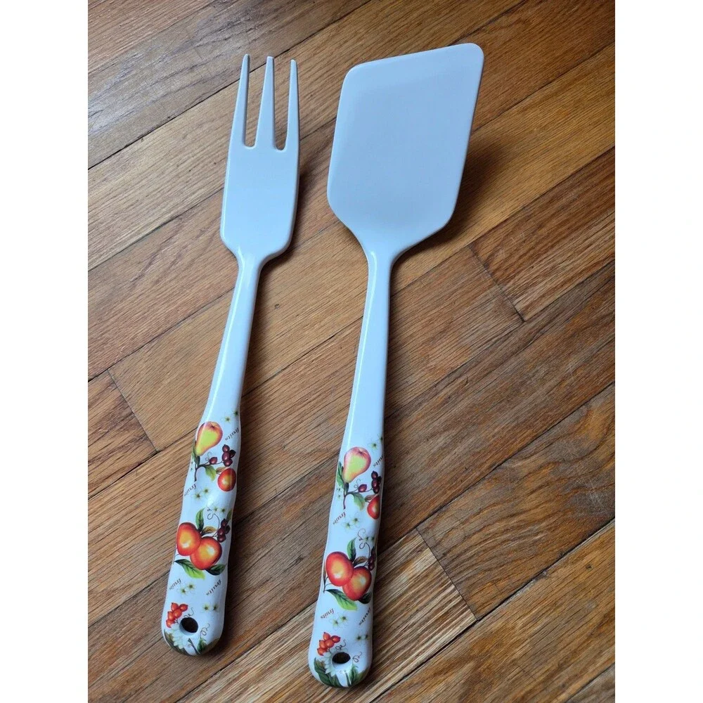Melamine wear white fruits print spatula and serving fork pair set